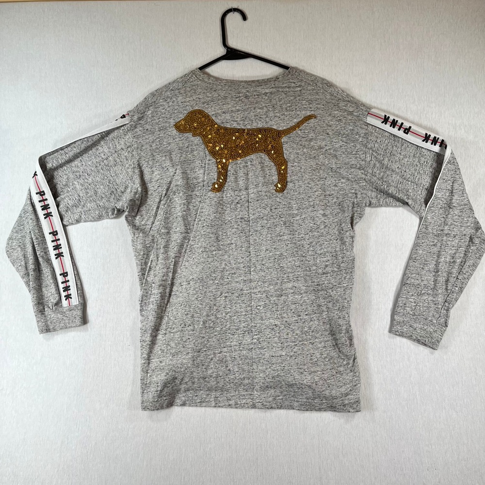 Victorias Secret PINK Shirt Women L Gray Long Sleeve Sequin Dog Pocket Tee Cute